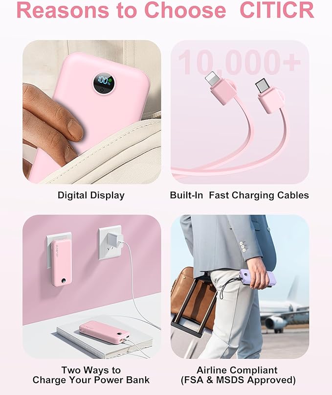 Portable Charger, 12000mAh 22.5W Fast Charging Power Bank with Built-in Cables & Wall Plug, External Battery Pack with LED Display, Travel Essentials Battery Bank for iPhone, iPad, Samsung Fairy Pink