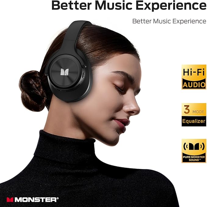 Monster Mission 200 Bluetooth Headphones, Wireless Headphones with 3 EQ Modes, Low Latency HiFi Stereo Foldable Lightweight Headset, 60H Playtime,Deep Bass for Home Office Cellphone PC Ect (Black)