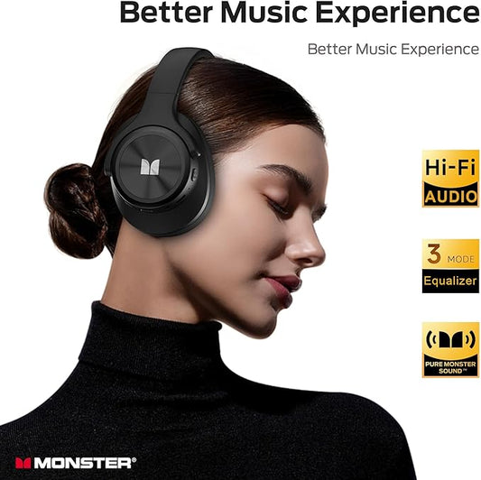 Monster Mission 200 Bluetooth Headphones, Wireless Headphones with 3 EQ Modes, Low Latency HiFi Stereo Foldable Lightweight Headset, 60H Playtime,Deep Bass for Home Office Cellphone PC Ect (Black)
