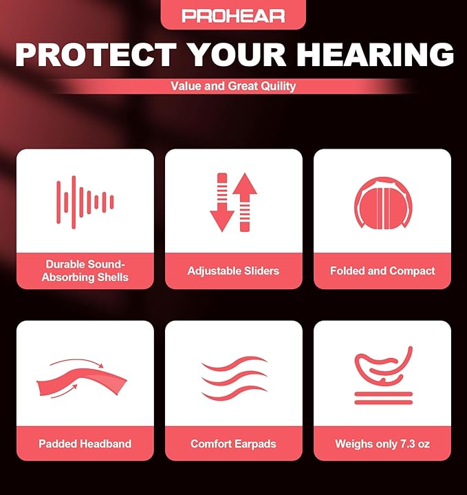 PROHEAR 038 Ear Protection Safety Earmuffs for Mowing, 28dB Noise Reduction Passive Hearing Protector, Compact Foldable Headset for Shooting Construction Power Tools, Red