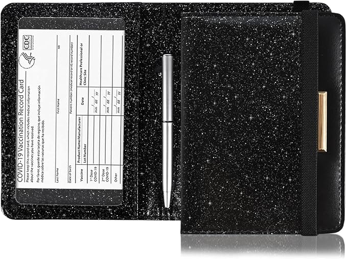 Caweet Passport Holder and Vaccine Card holder Combo RFID Blocking Leather Vaccination Card Wallet with Elastic Band Closure, Glitter Black