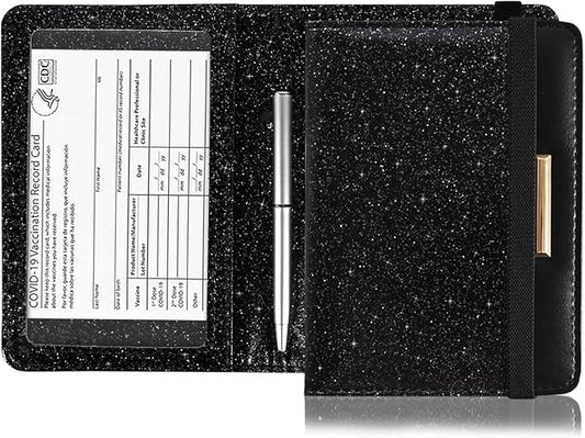 Caweet Passport Holder and Vaccine Card holder Combo RFID Blocking Leather Vaccination Card Wallet with Elastic Band Closure, Glitter Black