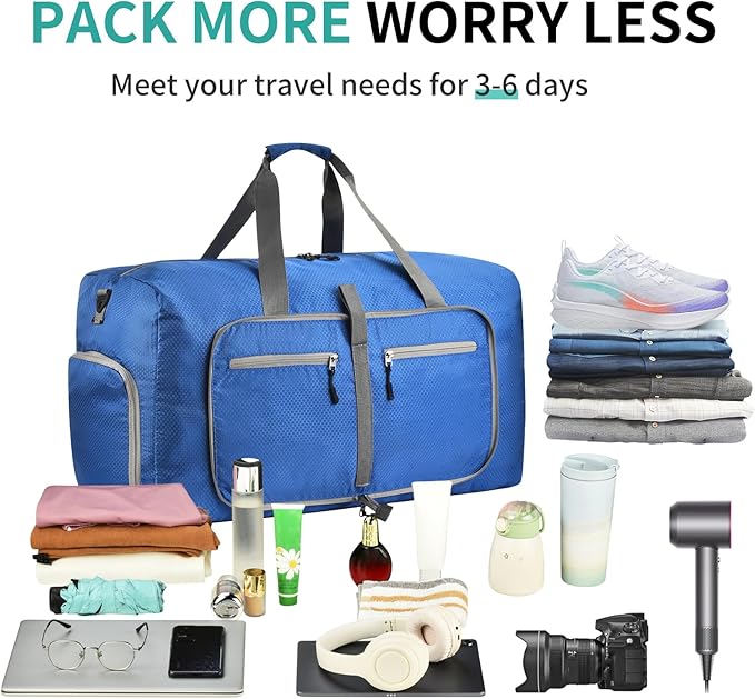 Dimayar Travel Duffle Bag for Men Women - Foldable Duffel Bag with Shoes Compartment - Overnight Bags Waterproof & Tear Resistant(85L,Navy Blue)