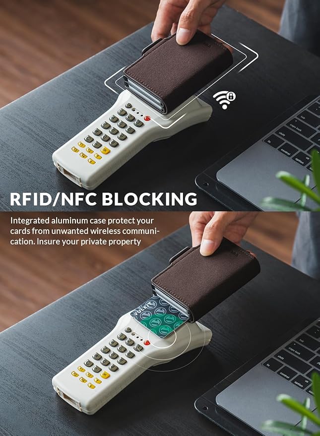 VULKIT Credit Card Holder RFID Blocking Leather Automatic Pop Up Wallet Magnetic Wallet Double Card Case for Men and Women