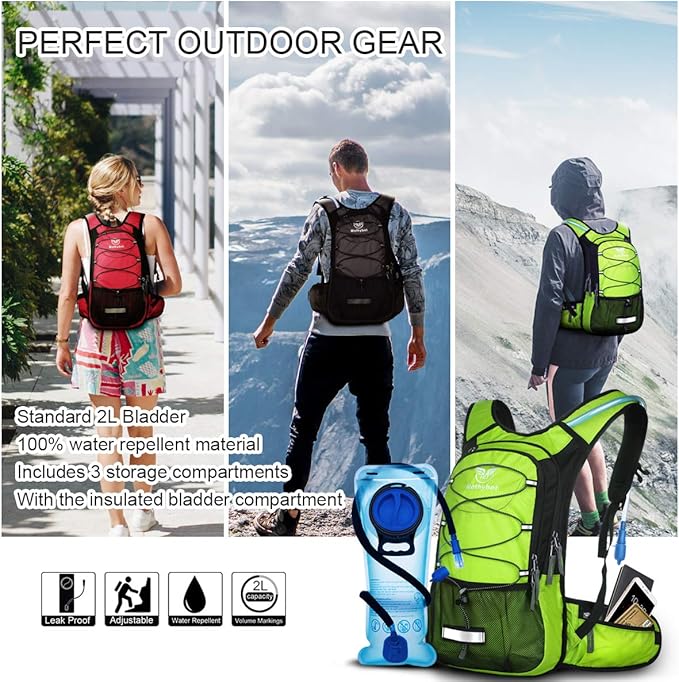 Hydration Pack, Insulated Hydration Backpack with 2L BPA Free Water Bladder and Storage, Hiking Backpack for Men, Women, Kids for Running, Cycling, Camping - Keep Liquid Cool up to 5 Hours