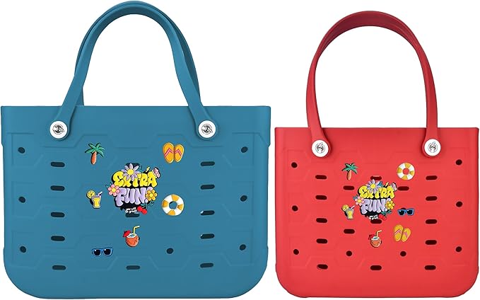 2-Piece Tote Bag Set, Waterproof Rubber Beach Bag with Summer Pattern, Medium & Large Handbag for Pool, Beach, Boat