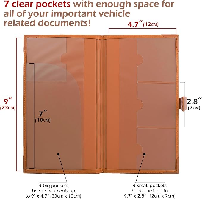 Auto Insurance and Registration Card Holder - Vehicle Glove Box Document Organizer - Car Essential Paperwork Holder for DMV, AAA, Contact Information Cards - Premium PU Leather Wallet Case - Orange