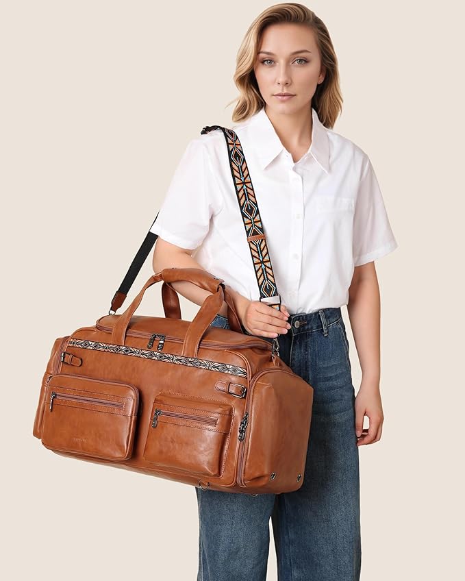 FADEON Duffle Bag for Women, Large Convertible Carry on Overnight Backpack, Designer Leather Mens Weekend Bags for Travel