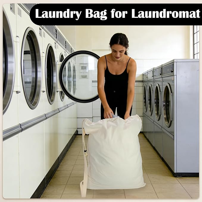 Canvas Laundry Bag with shoulder Strap 24" x 29", Large Drawstring Dirty Clothes Bag Washable Laundry Sack for College Dorm, Travel, Home, Camp (Beige)