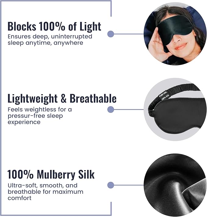 Pure SOL. Silk Sleep Mask - 100% Mulberry Silk Eye Mask - Eye Mask for Sleeping & Blindfold for Power nap During Travel (Onyx)