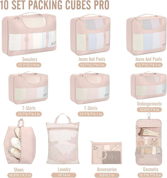 Veken 10 Set Packing Cubes for Travel, Beach Vacation Essentials Accessories for Cruise Ship, Suitcase Organizer Bags for Luggage with Hanging Toiletry & Shoe Bag, Birthday Gifts for Women Mom Her
