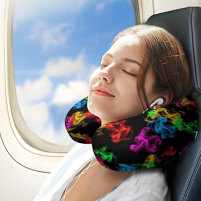 Pain Relief Travel Pillow Memory Foam Chin Support Colorful Smoke Black, Breathable Washable Cover for Airplane Car Office