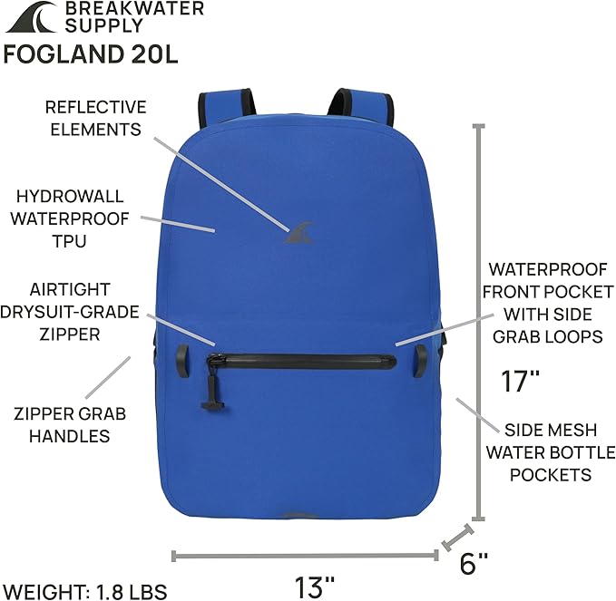 Breakwater Supply™ Waterproof IP68 Submersible Backpack with Airtight Zippers | Laptop Travel Outdoors | Fogland 25L 20L 15L