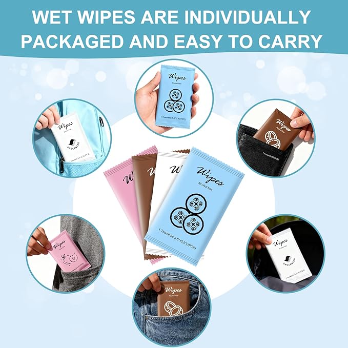 Individual Hand Wipes,Wet Wipes Individually Wrapped Bulk Cleansing Travel Size Wet Wipes for Wedding Travel Restaurant Barbecue(Cucumber, coconut, peach, and unscented,pack of 40)