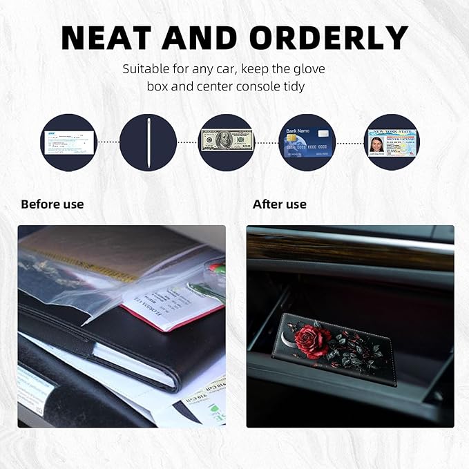 Car Registration and Insurance Holder PU Leather Vehicle Insurance and Registration Holders Wallet Case with Elastic Band Closure for ID Card, Driving Licence, Red Rose Moon Butterflies