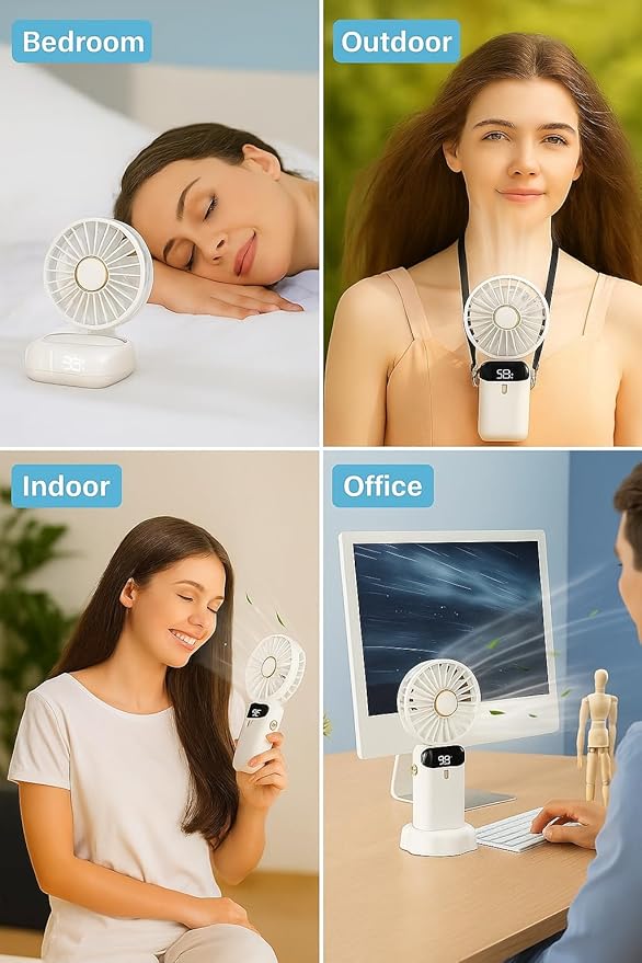 AMPMG LED Digital Display Rechargeable Fan – Portable Handheld & Desk Fan with Adjustable Speeds, USB Charging, Quiet Operation, and Base Stand for Home, Office, Travel and Outdoor Use (White)
