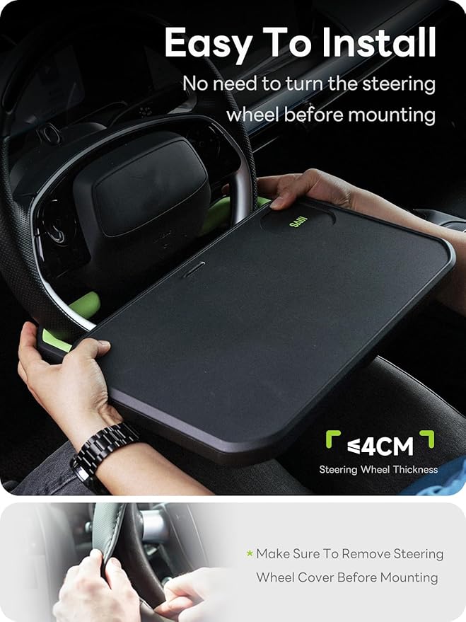 SAIJI Car Steering Wheel Desk with Retractable Slot, Car Food Tray with Anti-Scratch Silicone Steering Wheel Slot, Car Table Tray for Eating with Cup Holder, Multifunctional Travel Car Accessories