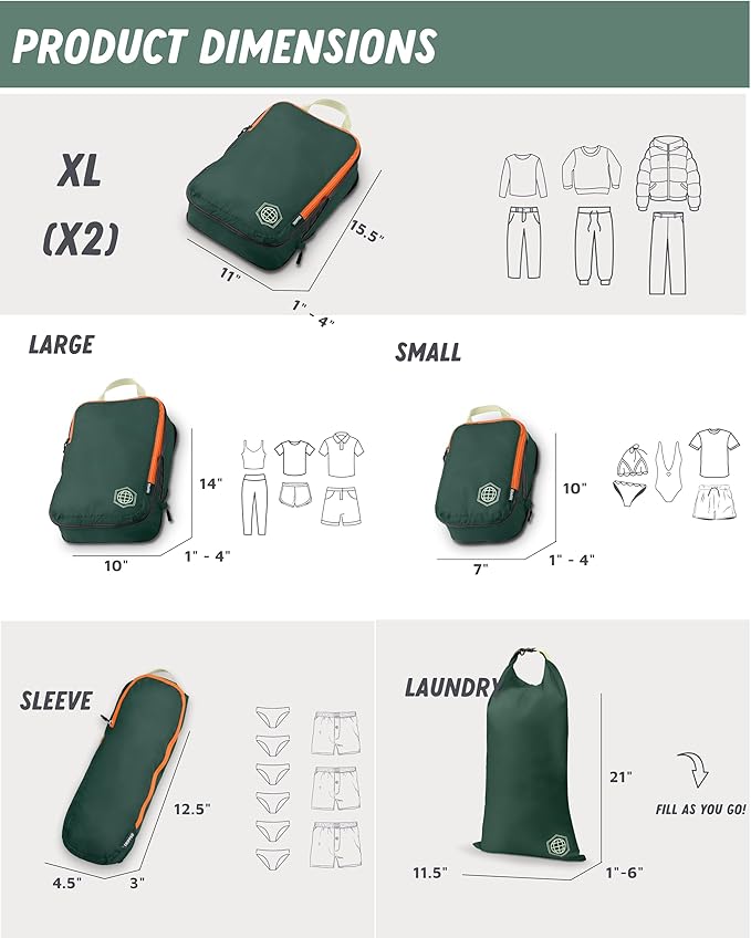 Large Compression Packing Cubes for Travel-Packing Cube Luggage Organizers 7 Piece Set for Checked Luggage-Ultralight, Expandable/Compression Bags by TRIPPED Travel Gear (Green/Orange)
