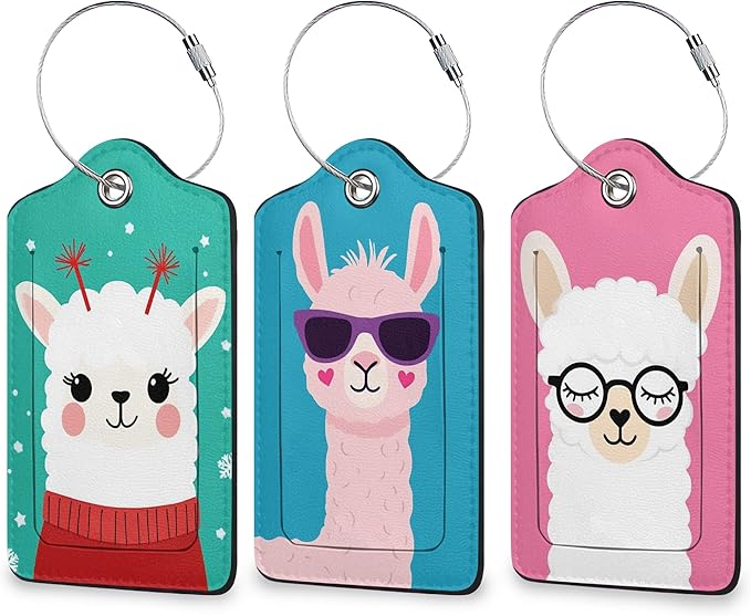 Alpaca Luggage Tags for Suitcase 3 Pack, Leather Bag Tags Identifiers with Privacy Name Address Labels and Durable Steel Loop for Men Women Backpack
