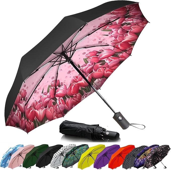 SIEPASA Compact Travel Umbrella - Windproof Auto Open/Close, Lightweight Folding Umbrella wIth Fiberglass Frame & Waterproof Canopy. Fits Backpack/Purse. (Tulip)