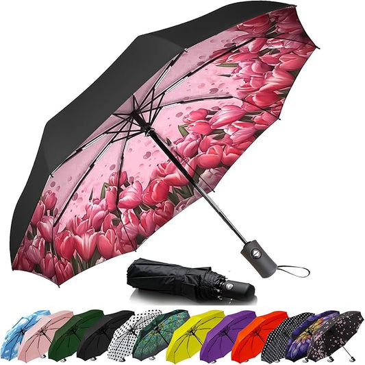 SIEPASA Compact Travel Umbrella - Windproof Auto Open/Close, Lightweight Folding Umbrella wIth Fiberglass Frame & Waterproof Canopy. Fits Backpack/Purse. (Tulip)