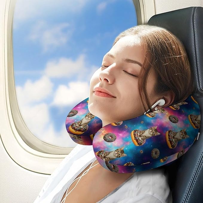 Comfortable Memory Foam Travel Neck Pillow Space Doughnut Donut Cats, Washable Removable Cover, Chin Head Support for Airplane Car Office Pain Relief Sleeping