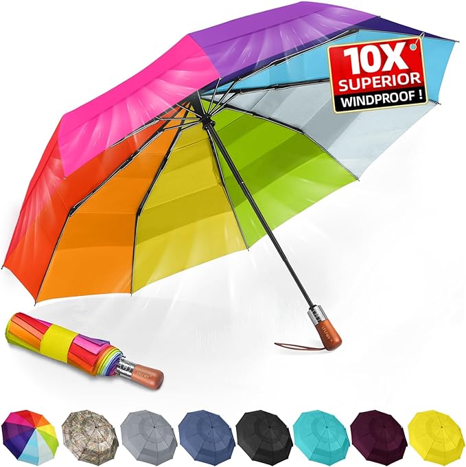 Umbrellas for Rain, 47" Large Windproof Travel Umbrella, Triple-Layer Vented Canopy, 10 Fiberglass Ribs, Auto Open Close Compact Umbrella, Wooden Handle, Heavy Duty for Commute, Gifts for Men & Women