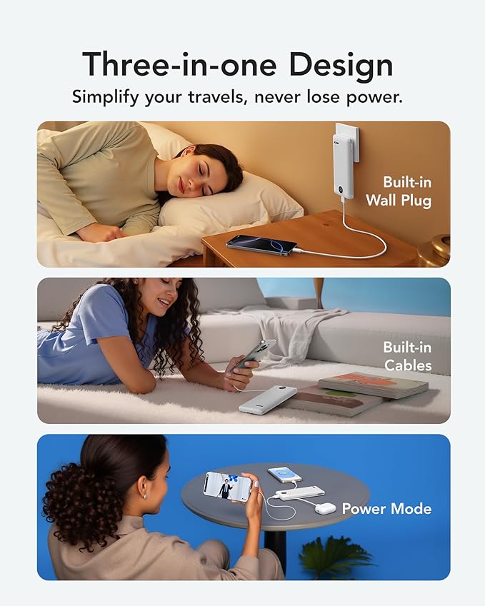 VRURC Portable Charger with Wall Plug, 10000mAh PD 20W Fast Charging Slim Portable Charger Built in Cables,Power Bank with Cords,USB C Portable Phone Charger Travel Accessories -White(1 Pack)