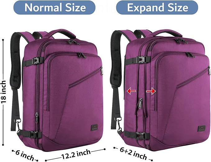 MATEIN Carry on Backpack for Women, 27L Flight Approved Backpack for Teacher Nurse, Fashion Expandable Airline Daypack for Plane, Lightweight Hiking Weekend Back Pack, Traveler Gifts, Purple