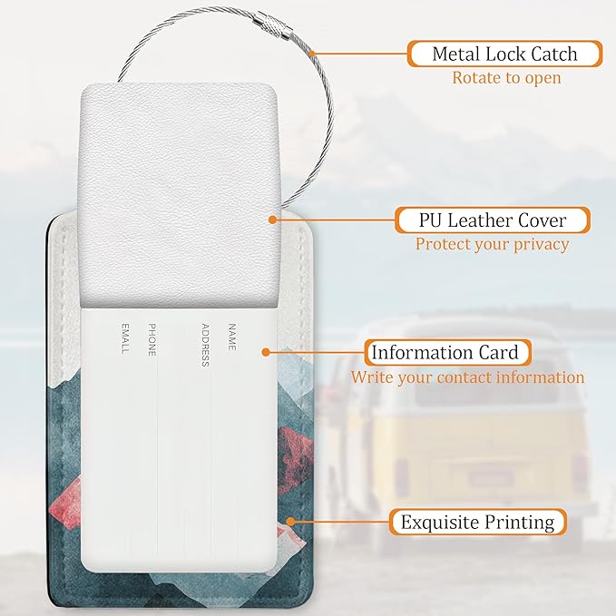 Boho Mountain Sun 3 Pack Luggage Tag for Suitcase, Leather Bag Tags with Privacy Cover ID Label and Durable Steel Loop for Cruise Airport Travel