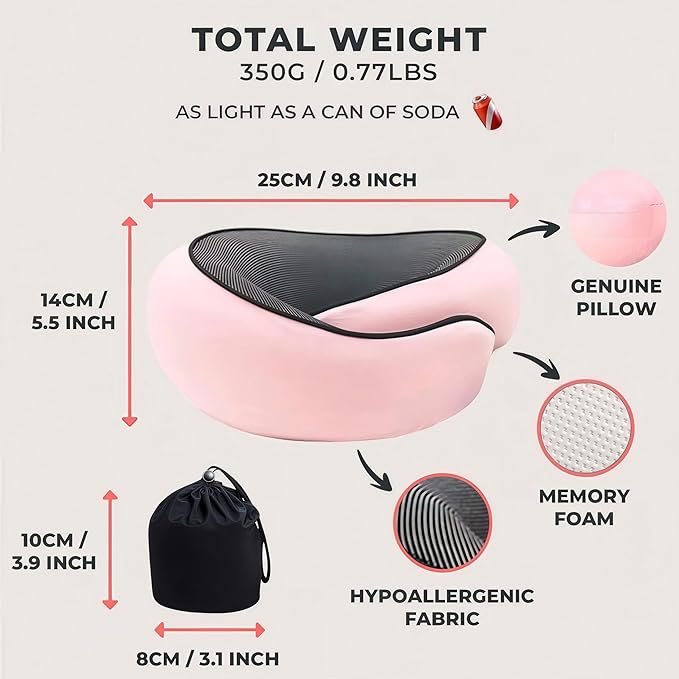 Neck Travel Pillow – Ergonomic Airplane Pillow for Neck Support & Comfort | Compact & Washable Cover | Perfect for Airplane, Car, Train & Home Use | Travel Pillow for Adults & Kids (Pink)