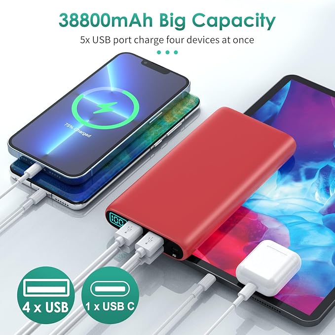 Portable Charger 38800mAh,LCD Display Power Bank,5 USB Outputs Battery Pack Backup, USB-C 3A in&out Travel Essential Portable Phone Charger For iPhone 17/16/15/14/13 Pro/12,Android Samsung Galaxy-Red