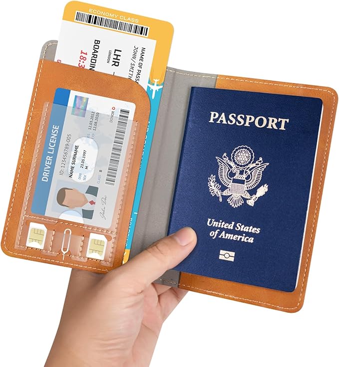 RSAquar Passport Holder for Women and Men, Premium PU Leather Travel Passport Wallet RFID Blocking Passport Cover Travel Documents Organizer with Pen Holder, Brown#2