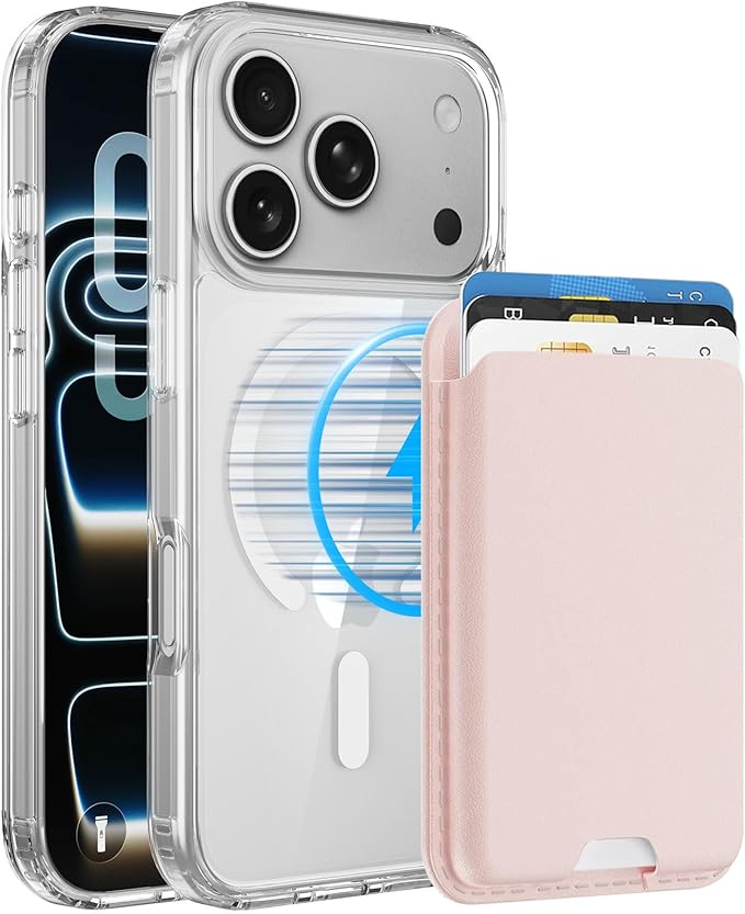 Ntwinro Magnetic for iPhone 17 Pro Clear Case (Compatible with MagSafe) with Pink Detachable Wallet & Card Holder for 3 Cards [RFID Blocking] Military Grade Protective Slim Phone Cover