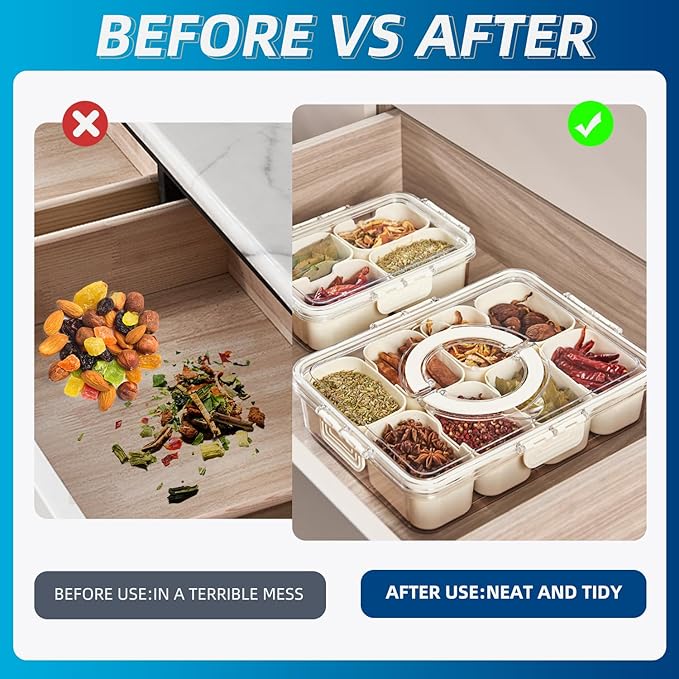 Air-Tight Snackle Box Container –Divided Serving Tray with Lid & Handle–Clear Snack box for Fruits, Candy & Nuts–Portable for Travel & Daily Use (8 Inside Containers Dishwasher Safe)