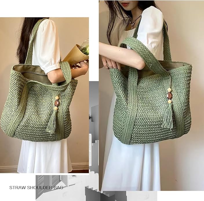 Straw Beach Bags for Women Woven Beach Tote Bag Casual Boho Large Shoulder Handbags Purse for Vacation Holiday