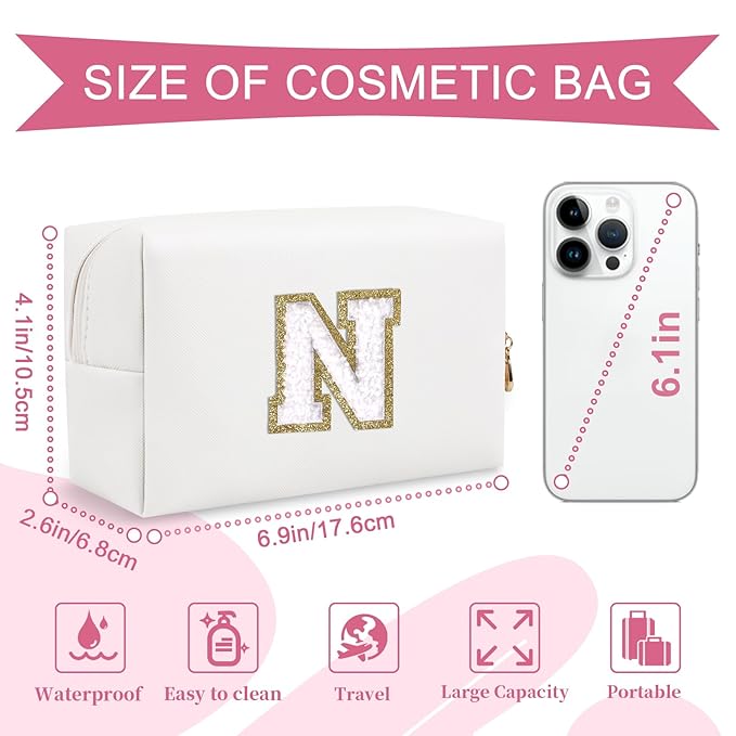 Small Personalized Initial A-Z Preppy Patch Makeup Bag,White PU Chenille Letter Travel Cosmetic Pouch with Zipper,Cute Toiletry Bag,Gift Ideal for Teen Girls Women Teacher Bridesmaid,Letter N