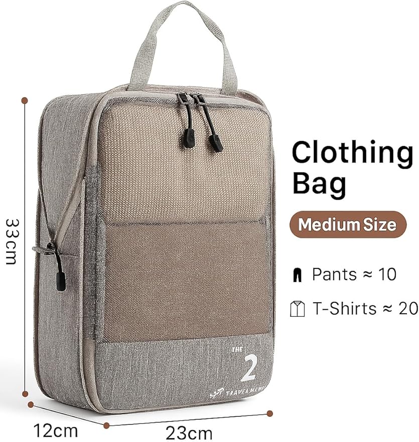 6-Pack Compression Packing Cubes for Travel – Lightweight, Expandable Luggage Organizers with Dual-Use Drawstring Bag – Stackable, Odorless, Durable – Fits Clothes, Shoes, Toiletries (Brown)