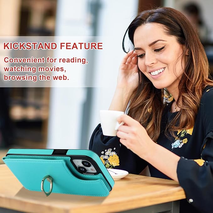 Folosu Compatible with iPhone 15 Case Wallet with Card Holder, 360°Rotation Finger Ring Holder Kickstand, RFID Blocking Leather Protective Double Buttons Shockproof Cover 6.1 Inch Green