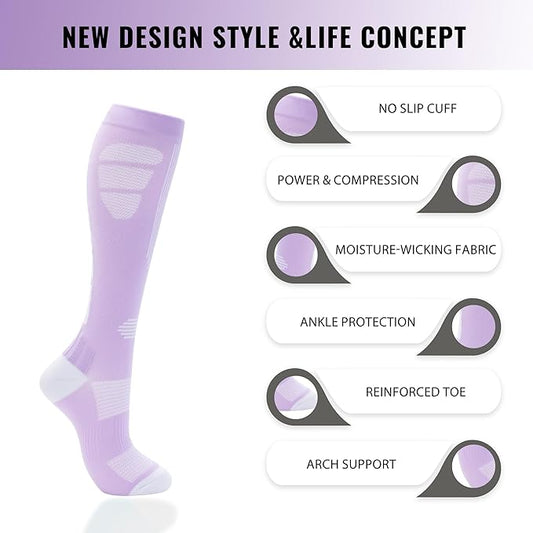 fenglaoda Compression Socks Women Men 6 Pairs, Knee High Best Support Circulation Socks for Running, Travel, Flight, Nurse