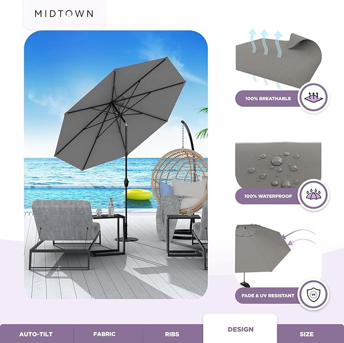 Midtown Umbrellas 10-Year-No-Fade - 6 Ft - UV Proof Dark Grey Polyester Fabric - Umbrella Outdoor Patio, Auto-Tilt Aluminum Frame Large Patio Umbrella for Garden, Pool & Deck - Black Pole