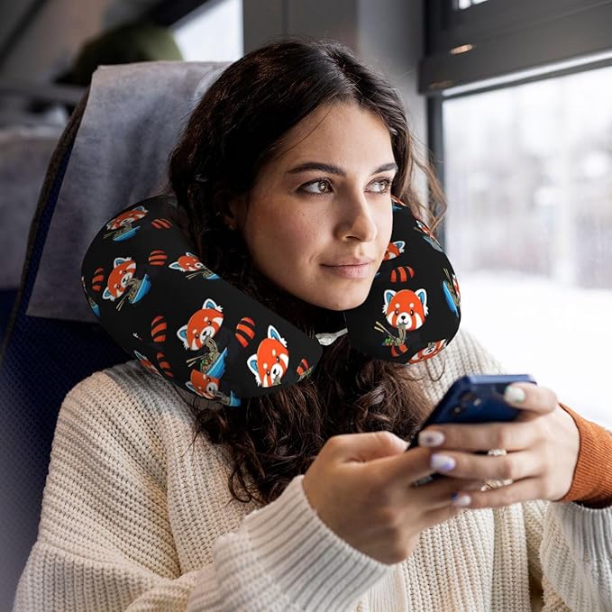 Unique Travel U Shaped Pillows Red Panda Eating Ramen for Airplanes Car Flight, Comfortable Chin Head Neck Cushion Supporting, Polyester Removable Cover