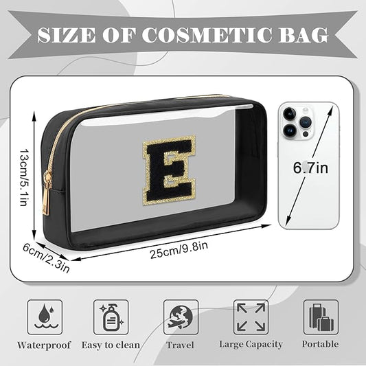 Personalized Initial Letter Clear Makeup Bag,Preppy Small Nylon&PVC Cosmetic Zipper Bag with Chenille Letter,Travel Skincare Toiletry Bag,Monogram Christmas Gift for Teen Girls Women,E