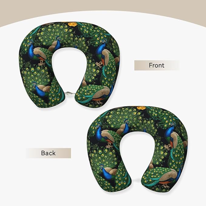 Travel Neck Pillows for Sleeping Rest Car Airplanes Peacock Art, Memory Foam with Removable Breathable Zipper Cover Washable for Men Women