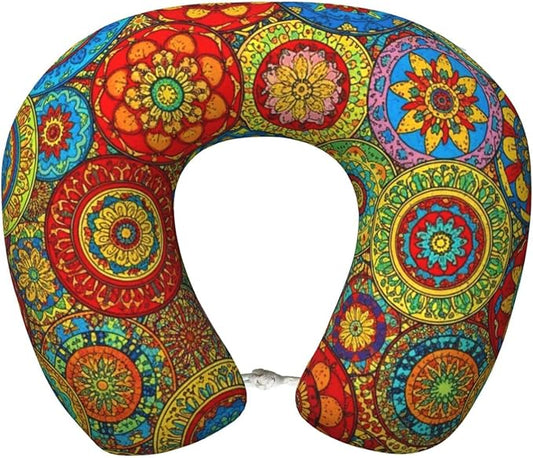 Comfortable Travel Pillow for Pain Relief Sleeping, Memory Foam Airplane Car Neck Pain Pillows Trippy Mandala Flower Gear, Funny Chin Head Support Cushion