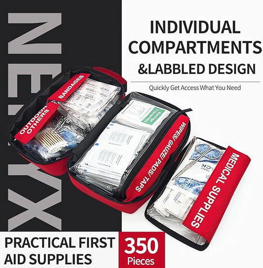 350 Piece First Aid Kit for Car, Home, Travel, Camping, Truck, Hiking, Sports, Office, Vehicle & Premium Waterproof Compact Trauma Medical Kits (Red)