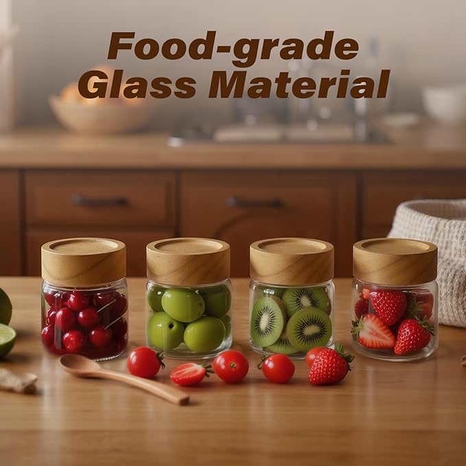 Zoaiirte 6-Pack 6 oz Airtight Food Sealed Jars with Acacia Wood Lids - Glass Meal Prep Containers for Overnight Oats, Snack Storage, Chia Pudding, Pantry Organization Essentials