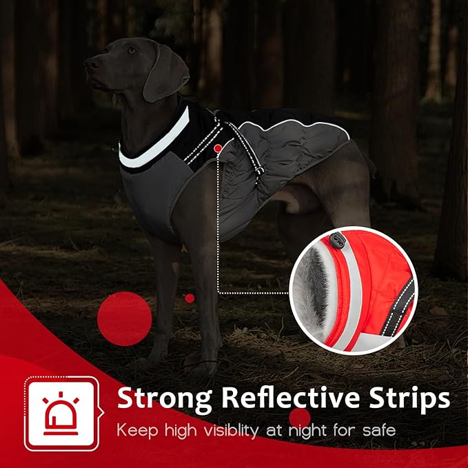 Abuandi Dog Winter Coat with Harness, Dog Jacket, Pet Clothes with Zipper on Back, Waterproof Windproof Warm Vest, Reflective Cold Weather Coats, for Small Medium Large Dogs, Thick, Red, L