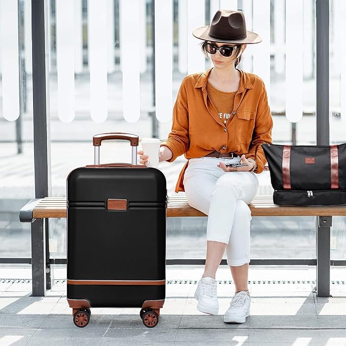 Krute Carry On Luggage Sets 3 Pieces Suitcase Set Hard Shell PC+ABS Airline Approved Suitcases with Spinner Wheels TSA Approved 20 Inch Luggage (BlackBrown)