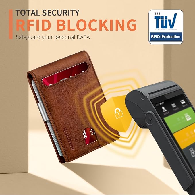 RUNBOX Slim Wallets for Men - Leather Money Clip Mens Wallet - RFID Blocking Front Pocket Bifold Wallet - Thin Credit Card Holder with Gift Box